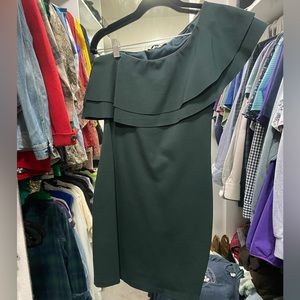 olivaceous dark green one shoulder dress, size M